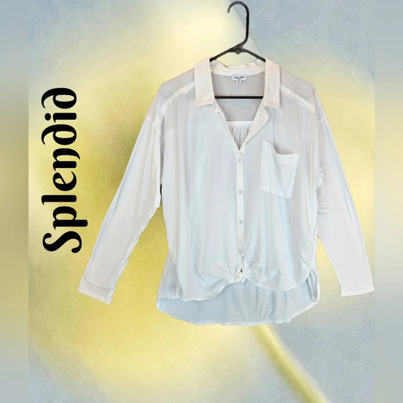Splendid Womens Button Front Shirt Sz L White Mixed Media Cotton & Viscose - Picture 1 of 9